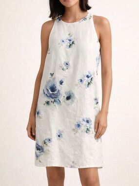 & Other Stories Linen Floral Shift Lined Dress Blue Cream Sleeveless EU 44 US 12